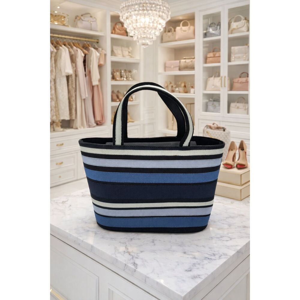 DKNY City VINTAGE  blue ribbon bucket tote bag with blue black white striped fab